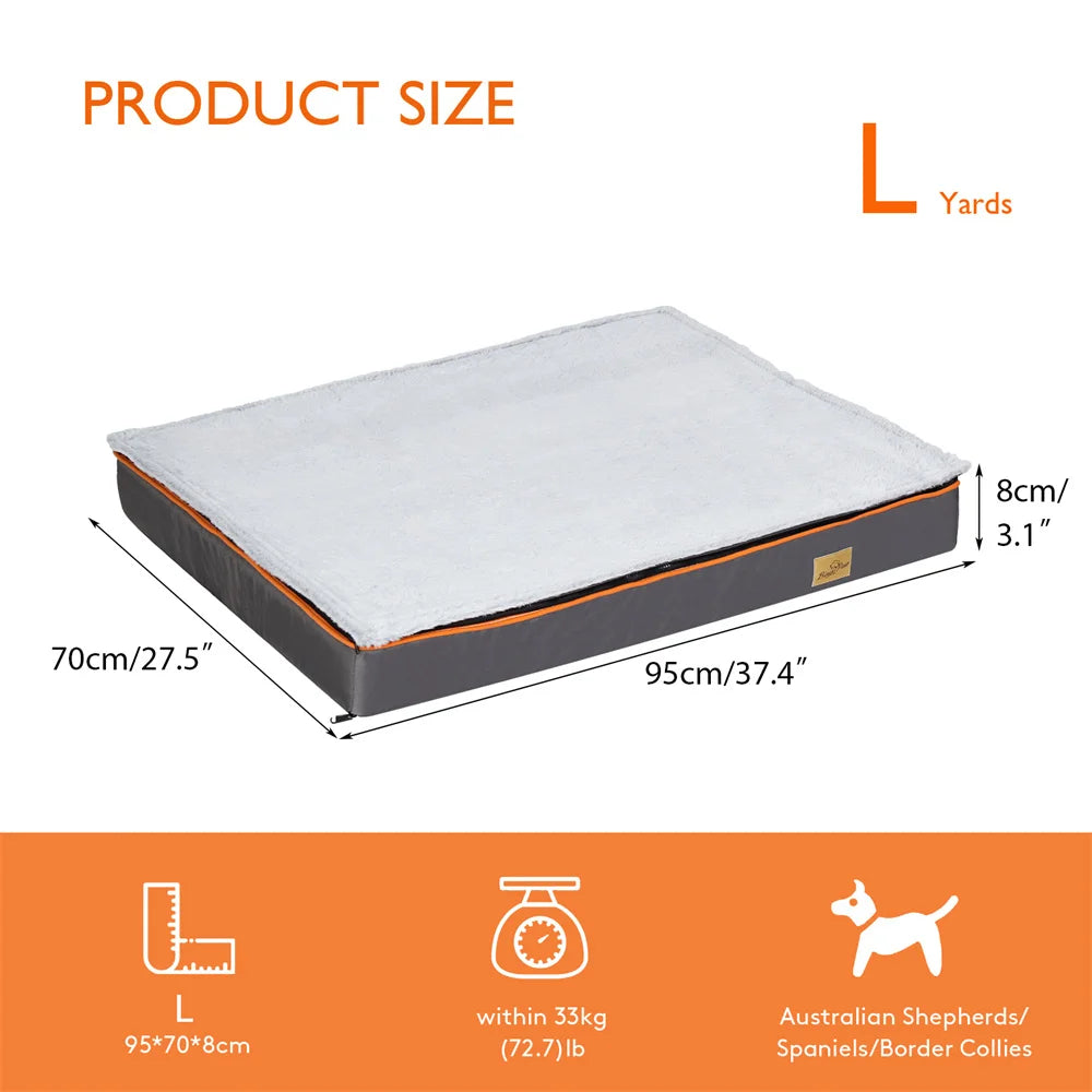 Dog bed with dimensions and weight capacity information on an orange background