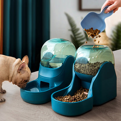 Automatic pet drinking fountain and feeder large capacity for cats and dogs in green