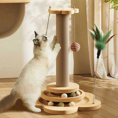 Pet cat toy solid wood cat turntable with funny cat stick and rolling balls