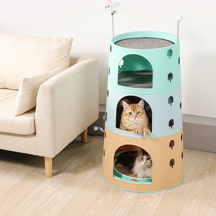 Integrated multi-chamber cat climbing frame and play tower for indoor cats