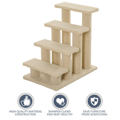 4-Step Carpeted Cat Scratching Post & Pet Stairs – Cream White