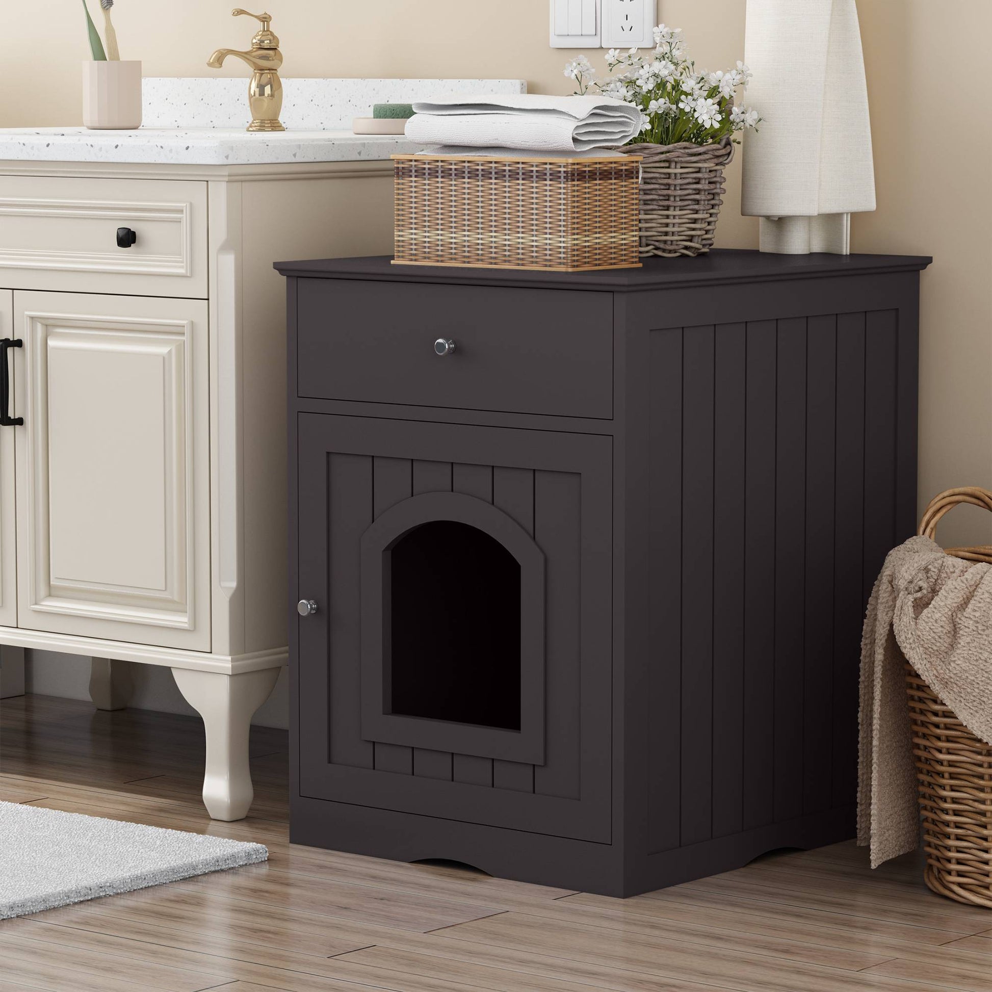North and Paws Wooden Pet House Cat Litter Box Enclosure With Drawer