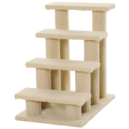 4-Step Carpeted Cat Scratching Post & Pet Stairs – Cream White