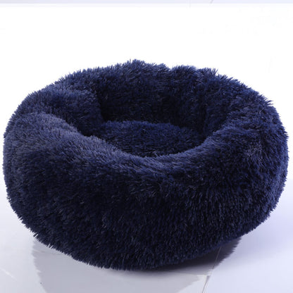 Round plush calming dog and cat bed anti-anxiety soft pet nest in grey