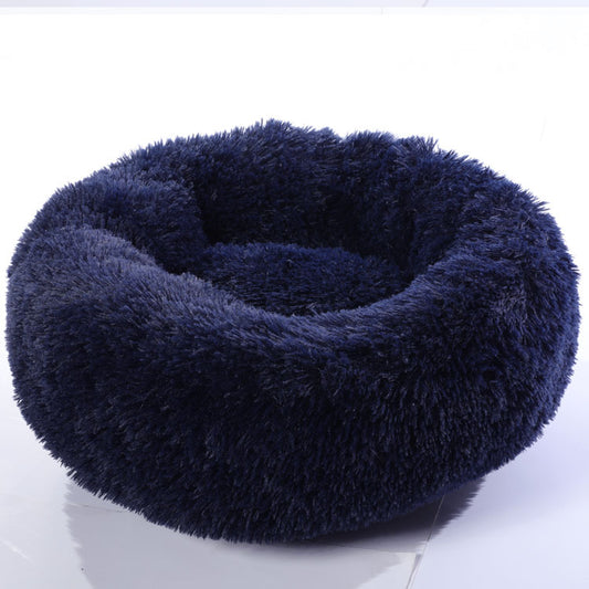 Round plush calming dog and cat bed anti-anxiety soft pet nest in grey