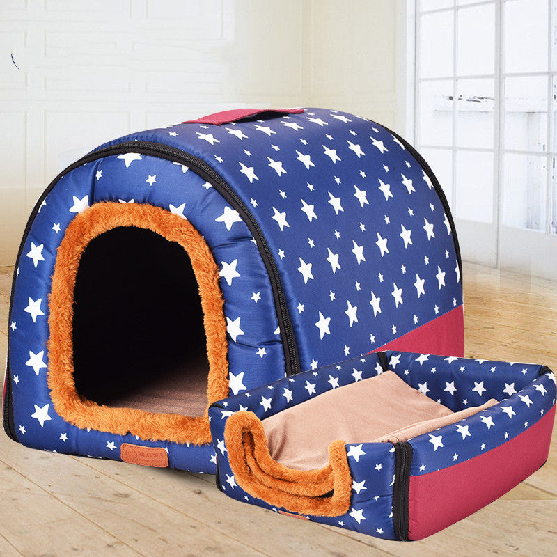 Removable washable soft foldable pet kennel indoor dog and cat house in blue star