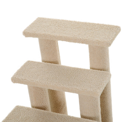 4-Step Carpeted Cat Scratching Post & Pet Stairs – Cream White