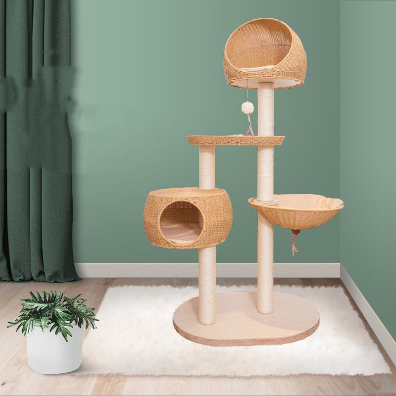 Integrated Multi-Layer Solid Wood Cat Tree – Rattan Cat Climbing Frame