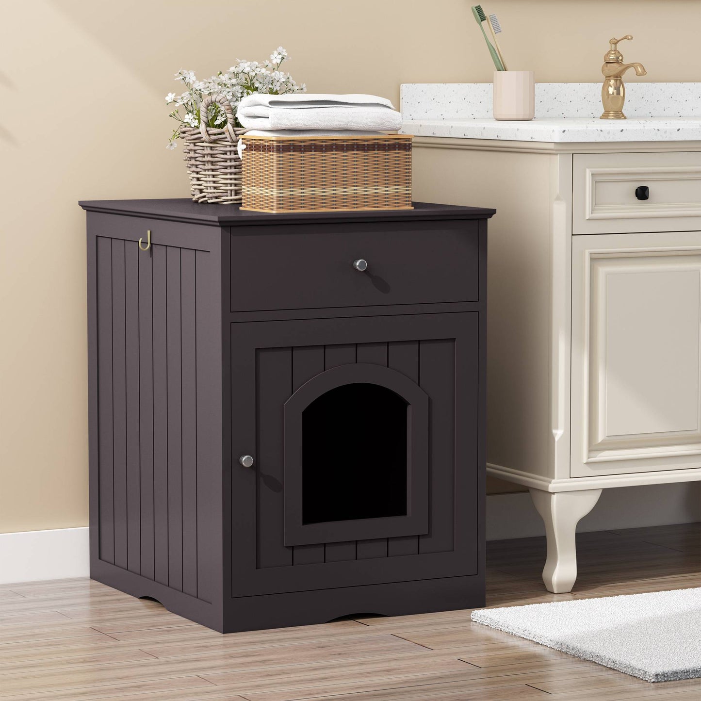 North and Paws Wooden Pet House Cat Litter Box Enclosure With Drawer