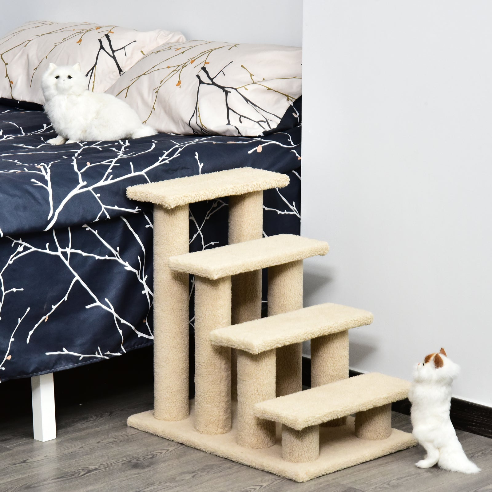 4-step cream white carpeted cat scratching post and pet stairs for senior cats