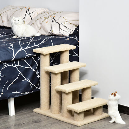 4-step cream white carpeted cat scratching post and pet stairs for senior cats