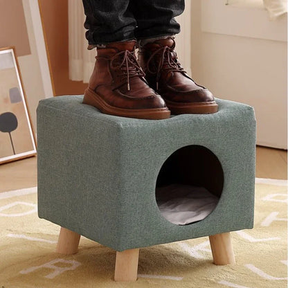 Solid Wood Cat Nest Stool – Portable Semi-Enclosed Pet Furniture with Soft Cushion