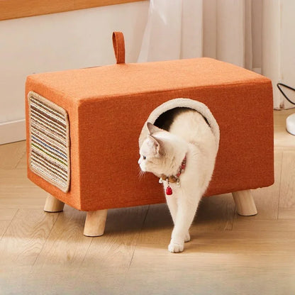 Solid Wood Cat Nest Stool – Portable Semi-Enclosed Pet Furniture with Soft Cushion