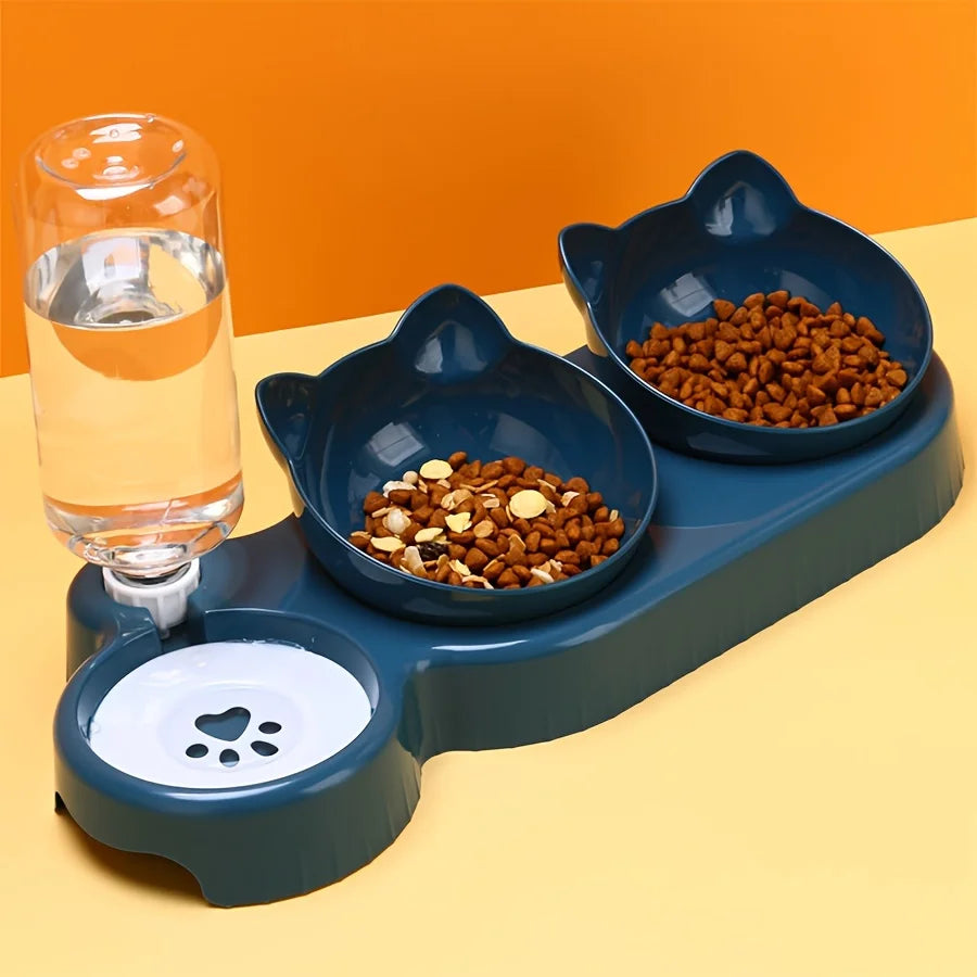 Pet Bowls Water Feeder 3 in 1 Tilted Cat dark teal set orange background lifestyle