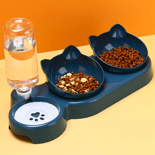 Pet Bowls Water Feeder 3 in 1 Tilted Cat dark teal set orange background lifestyle