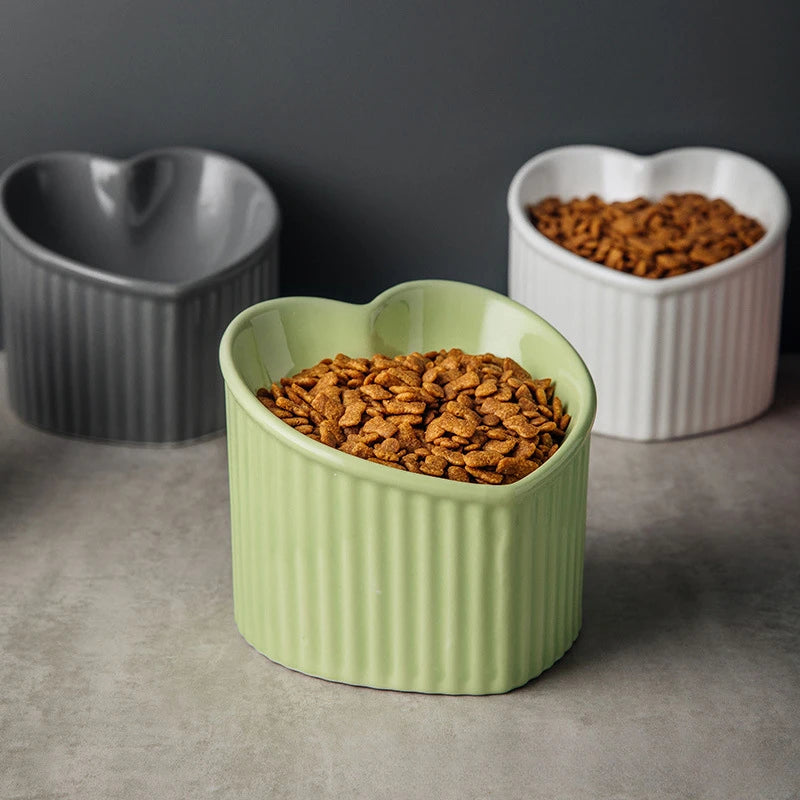 Slanted Ceramic Cat Bowl Stand Anti Tip Elevated green and white bowls pair dark background