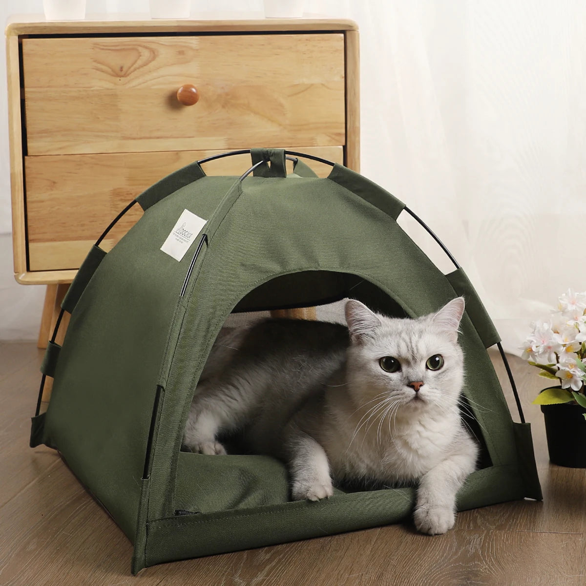 Pet Tent Bed Cats House Supplies Accessories Warm dark green tent cat inside lifestyle