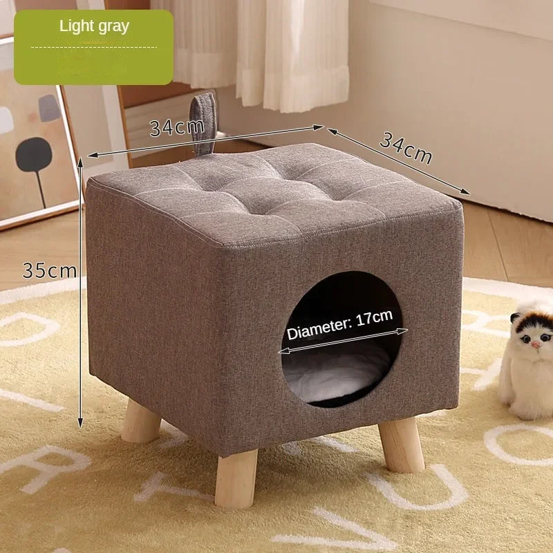 Solid Wood Cat Nest Stool – Portable Semi-Enclosed Pet Furniture with Soft Cushion