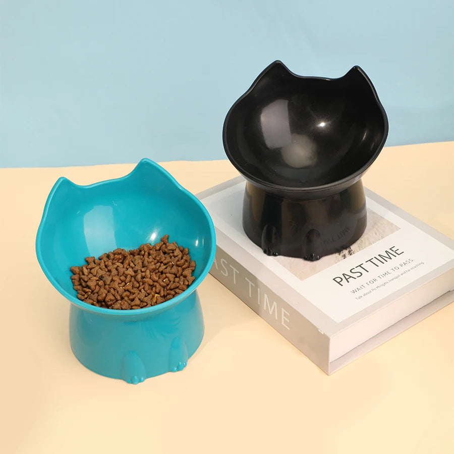 Elevated Cat Bowl Anti Tip Plastic Raised black and teal bowls lifestyle photo