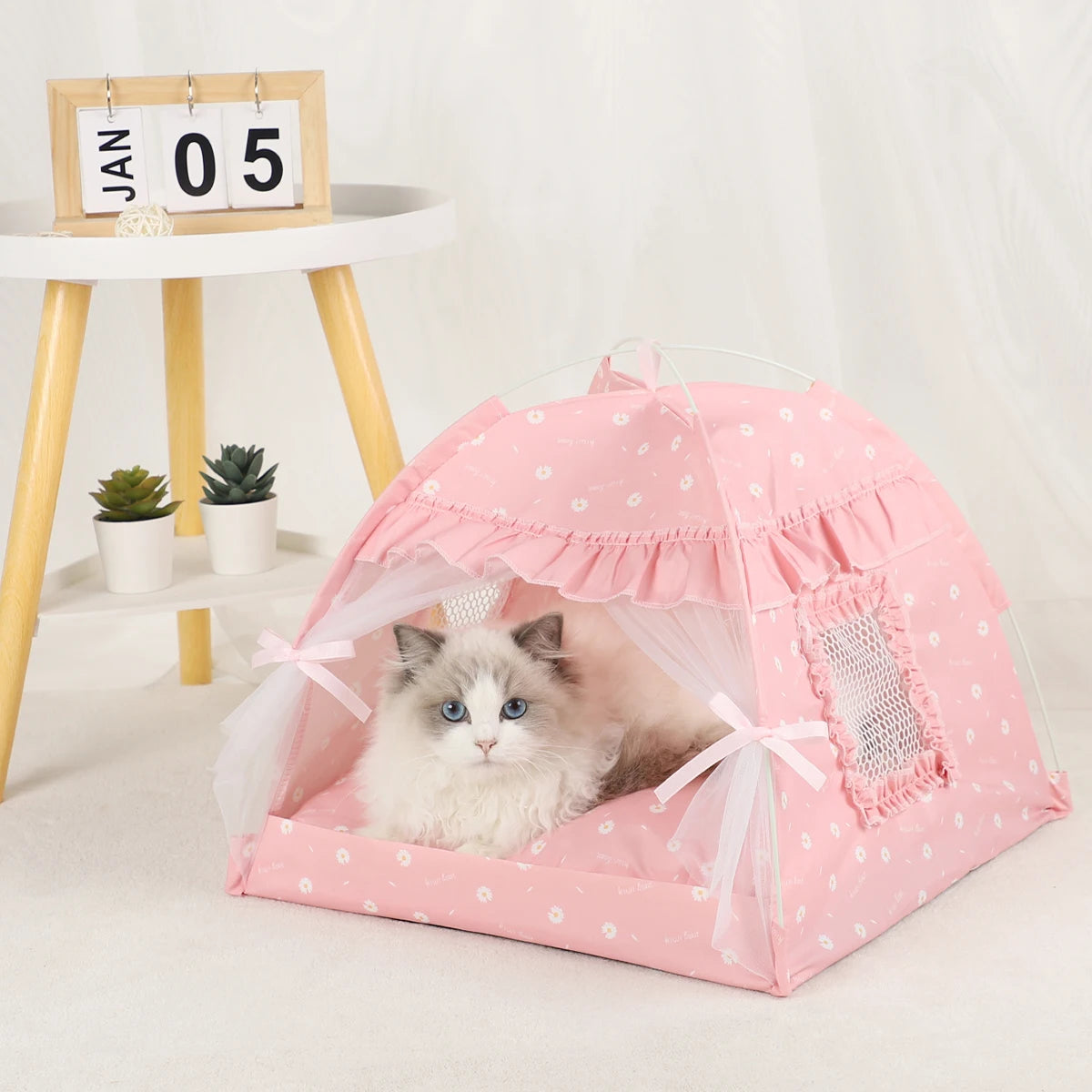 Pet Tent Bed Cats House Supplies Accessories Warm pink fringe tent wooden floor product shot