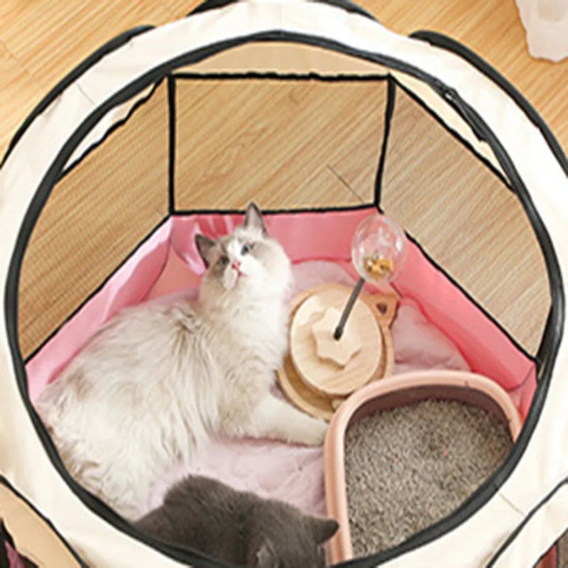 Foldable Cat Dog Kennel Delivery Room Pet Crate pink with cat peeking out lifestyle