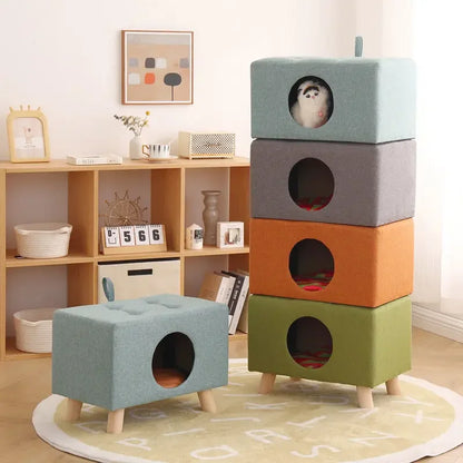 Solid Wood Cat Nest Stool – Portable Semi-Enclosed Pet Furniture with Soft Cushion