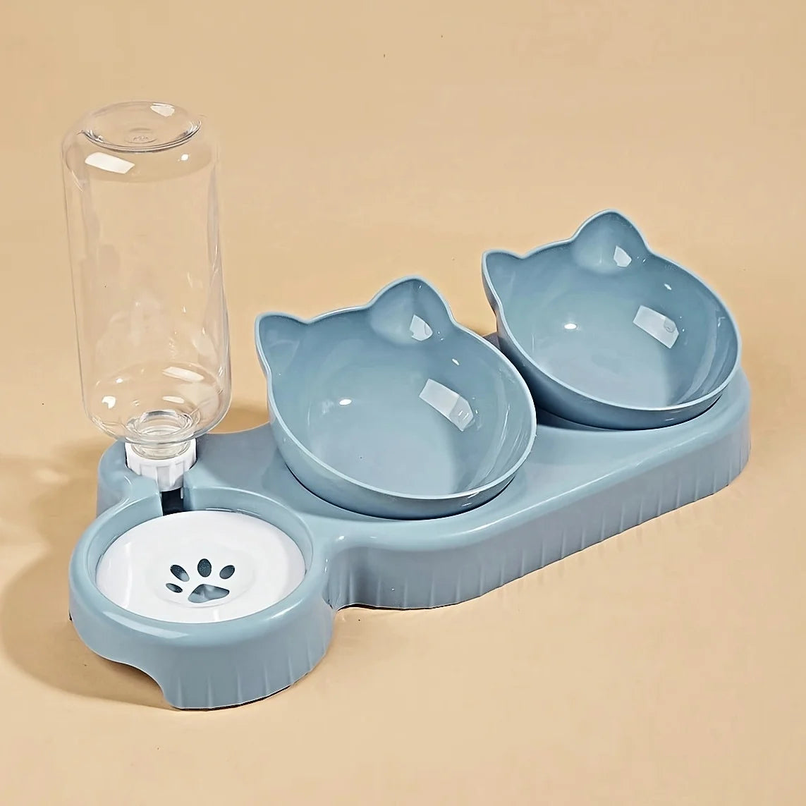 Pet Bowls Water Feeder 3 in 1 Tilted Cat blue bowl set side view yellow background