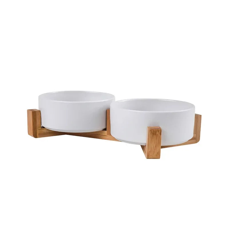 Cat Bowl Double Bowl Water Bowl High Foot Dog Bowl white gray double bowl set side view