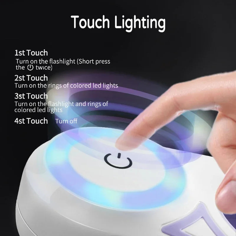 Touch control panel with colorful LED lights and instructions on a black background