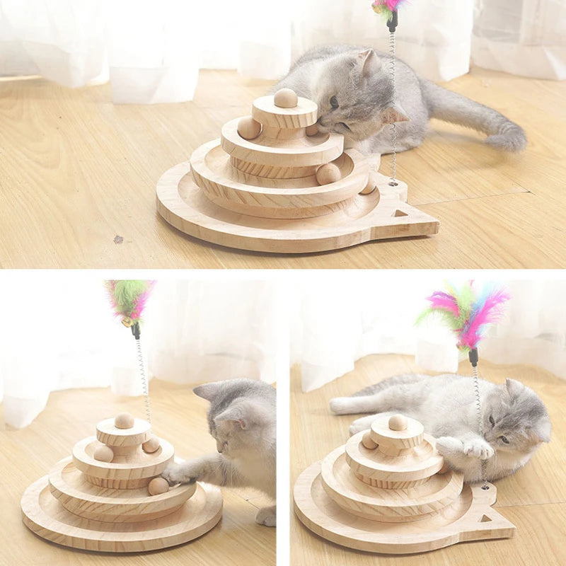 Wooden 2/3 Level Cat Toy Tower – Track & Ball Toy