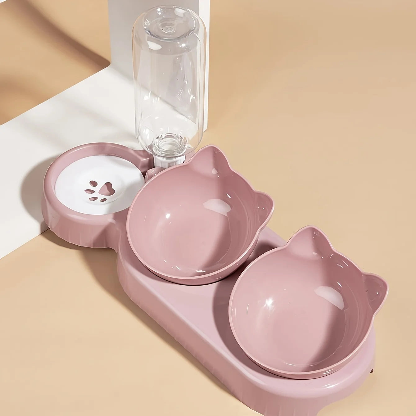 Pet Bowls Water Feeder 3 in 1 Tilted Cat pink bowl set yellow background