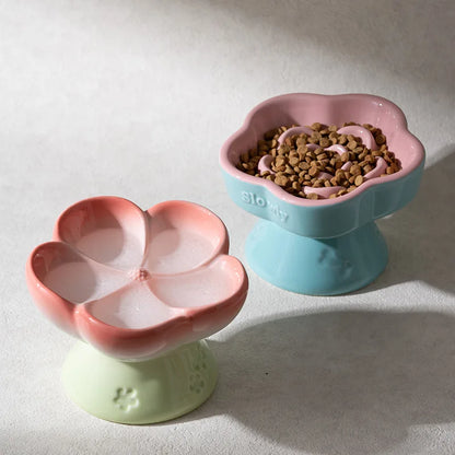 Pet Slow Feeders Food Bowl High Footed Ceramic Cat pink bowl single product shot
