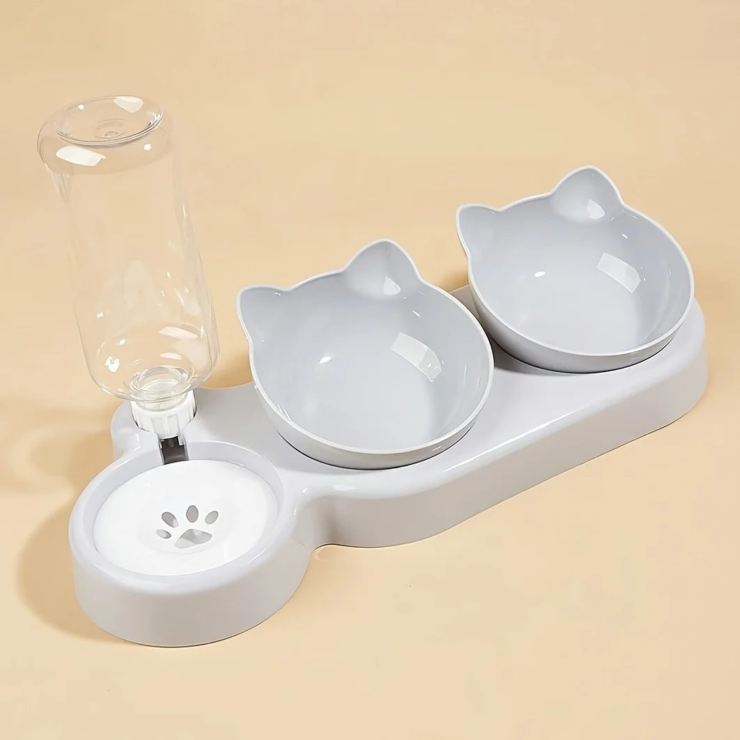 Pet Bowls Water Feeder 3 in 1 Tilted Cat white gray bowl set yellow background