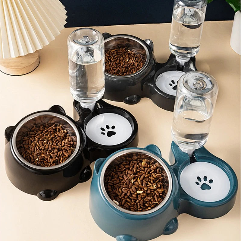Automatic Pet Feeder Water Dispenser 3 in 1 bowl set overhead product shot