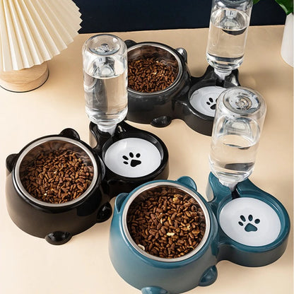 Automatic Pet Feeder Water Dispenser 3 in 1 bowl set overhead product shot