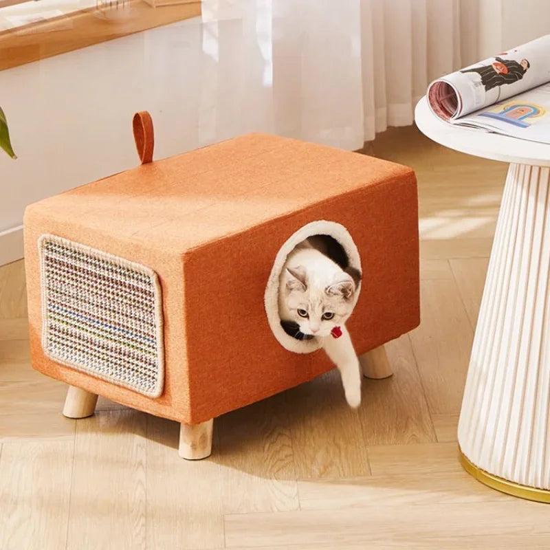 Solid Wood Cat Nest Stool – Portable Semi-Enclosed Pet Furniture with Soft Cushion