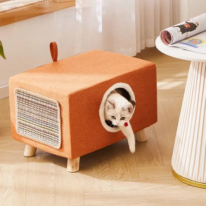 Solid Wood Cat Nest Stool – Portable Semi-Enclosed Pet Furniture with Soft Cushion