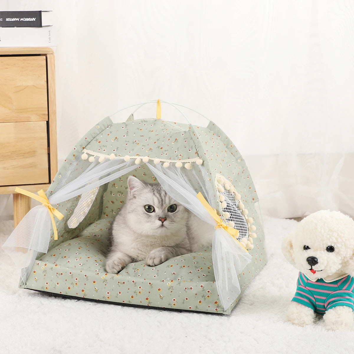Pet Tent Bed Cats House Supplies Accessories Warm floral print tent kitten lifestyle