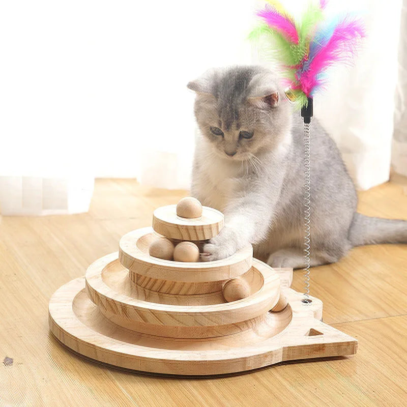 Wooden 2 or 3 level cat toy tower track disc and intelligence ball training toy
