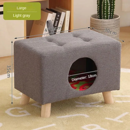 Solid Wood Cat Nest Stool – Portable Semi-Enclosed Pet Furniture with Soft Cushion