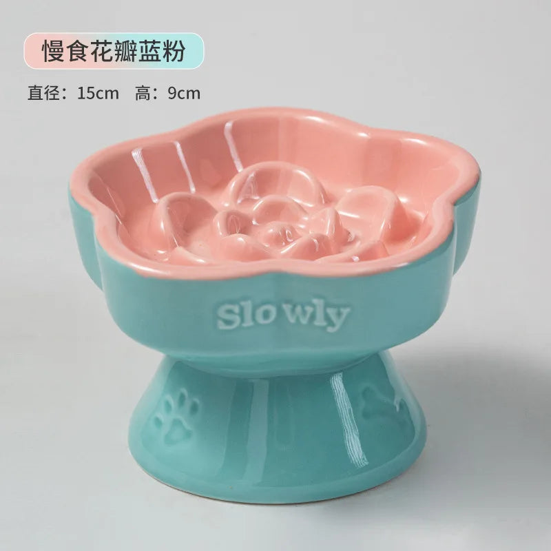 Pet Slow Feeders Food Bowl High Footed Ceramic Cat blue bowl water cat drinking lifestyle