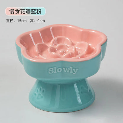 Pet Slow Feeders Food Bowl High Footed Ceramic Cat blue bowl water cat drinking lifestyle