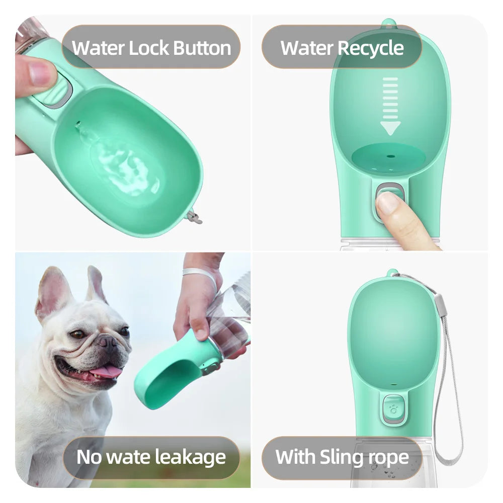 Portable Dog Water Bottle Small Large Dogs Cat green bottle components flat lay