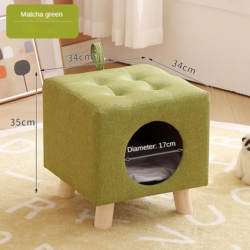 Solid Wood Cat Nest Stool – Portable Semi-Enclosed Pet Furniture with Soft Cushion