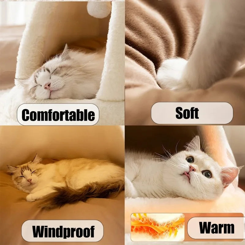 Self Warming Cat Bed – Plush Winter Tent House with Removable Washable Cushion