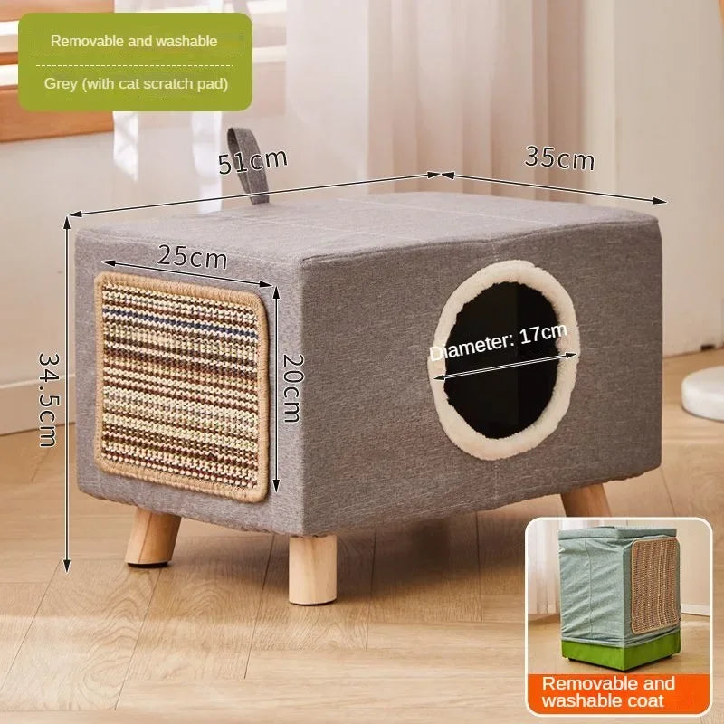 Solid Wood Cat Nest Stool – Portable Semi-Enclosed Pet Furniture with Soft Cushion