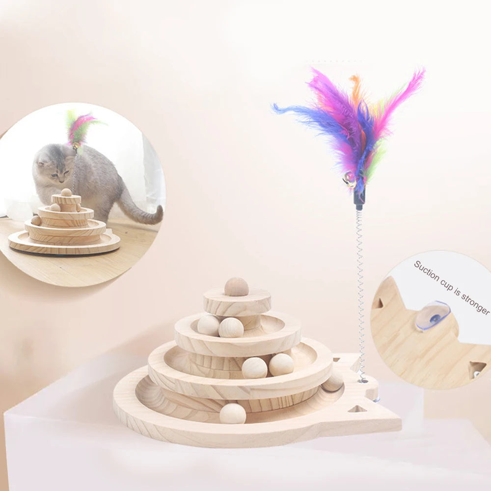 Wooden 2/3 Level Cat Toy Tower – Track & Ball Toy