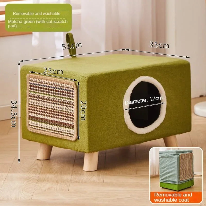 Solid Wood Cat Nest Stool – Portable Semi-Enclosed Pet Furniture with Soft Cushion