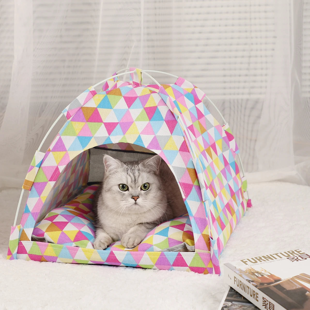 Pet Tent Bed Cats House Supplies Accessories Warm pink floral tent cat inside lifestyle