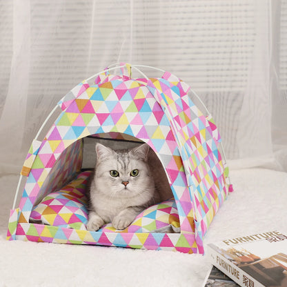 Pet Tent Bed Cats House Supplies Accessories Warm pink floral tent cat inside lifestyle